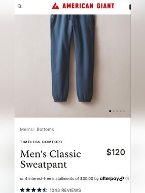 American Giant Men's Classic Sweatpants Spellbound Blue M 100% Cotton USA New